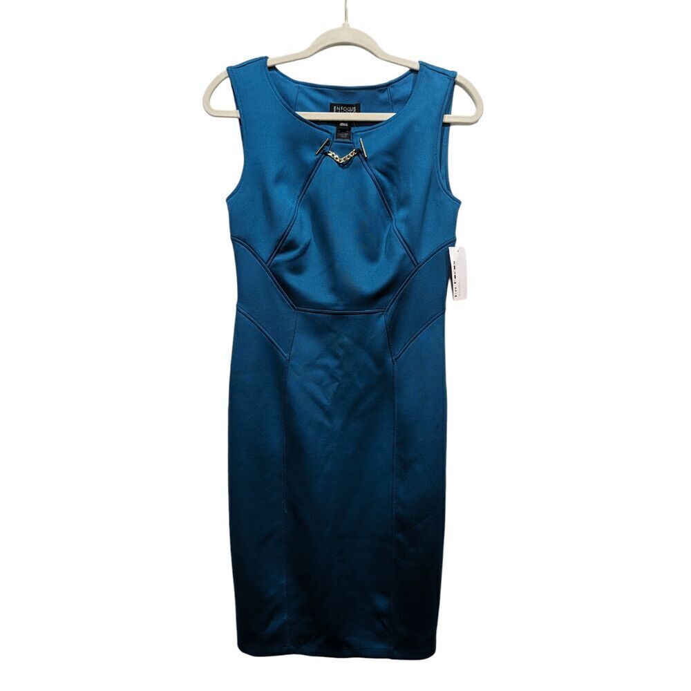 New! EnFocus Studio Dark Teal Blue Green Sleeveless Gold Chain Sheath Dress, 8